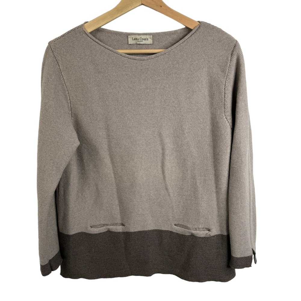 Linea Cinque Womens Sweater 100% Wool‎ Brown Scoop Neck Knit Pocket Long sleeve
